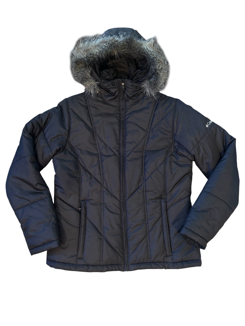 Columbia Black Winter Puffer Coat with a faux-fur-trimmed hood and full-zip M